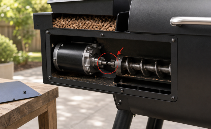 Broken pellet grill shear pin beside the auger motor coupling.