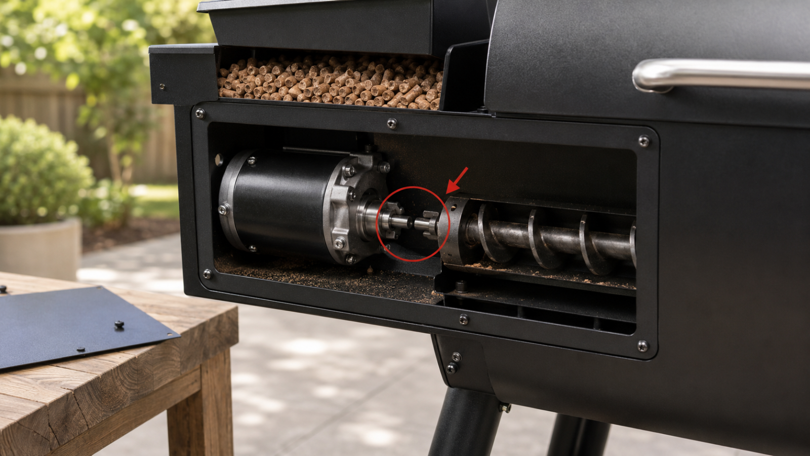 Broken pellet grill shear pin beside the auger motor coupling.