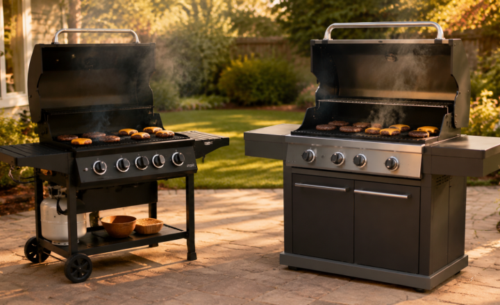 Budget open-cart gas grill beside a premium cabinet gas grill, both cooking burgers.