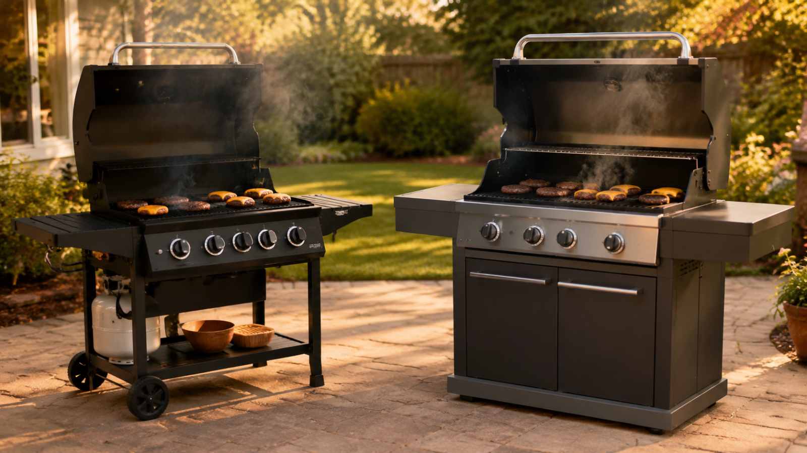 Budget open-cart gas grill beside a premium cabinet gas grill, both cooking burgers.