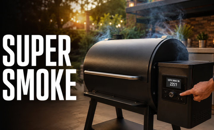 Pellet grill running Super Smoke mode at 225°F on a backyard patio.