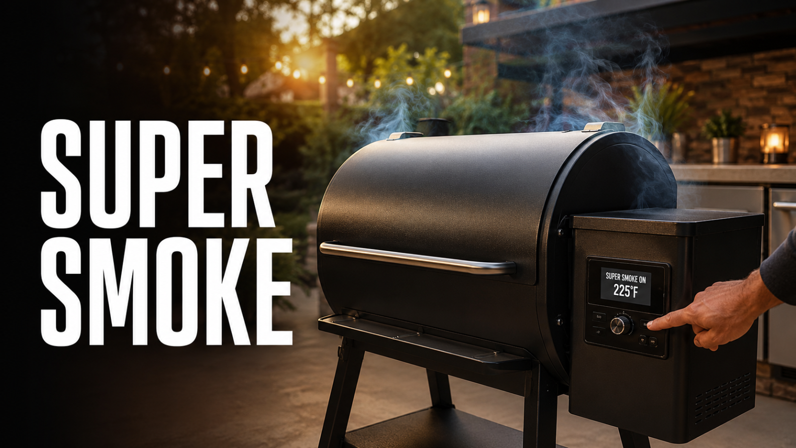 Pellet grill running Super Smoke mode at 225°F on a backyard patio.