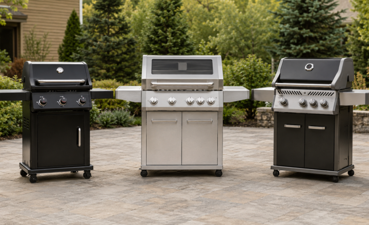 Three gas grills compared: Weber Spirit E-325, Monument Mesa 415BZ, and Napoleon Rogue 425