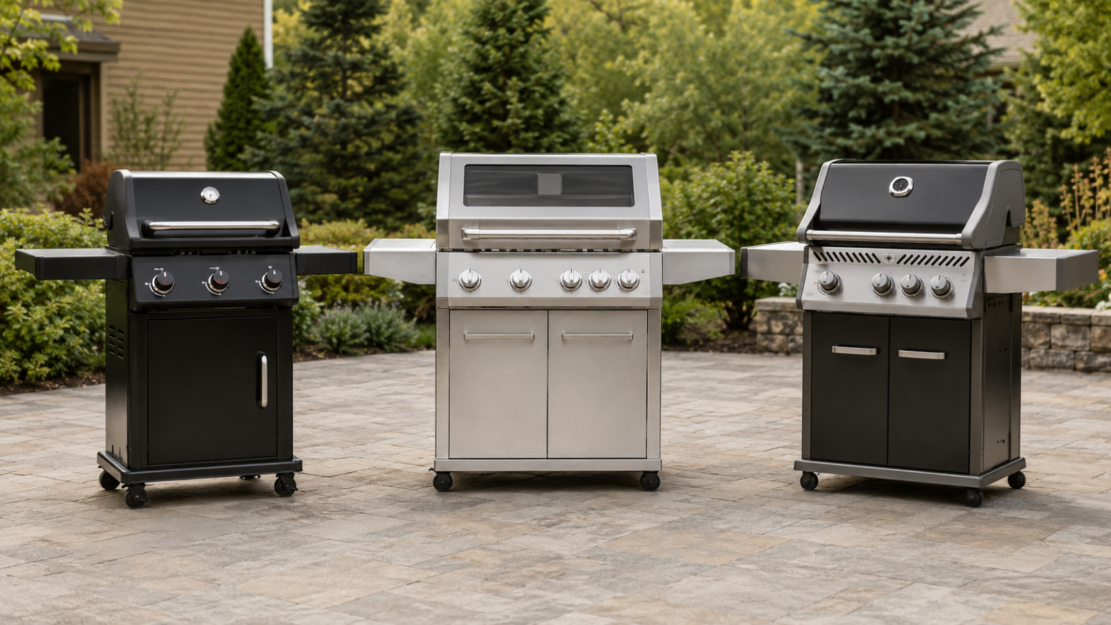 Three gas grills compared: Weber Spirit E-325, Monument Mesa 415BZ, and Napoleon Rogue 425