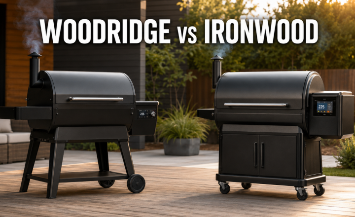 Traeger Woodridge vs Ironwood pellet grills side by side on a backyard patio.