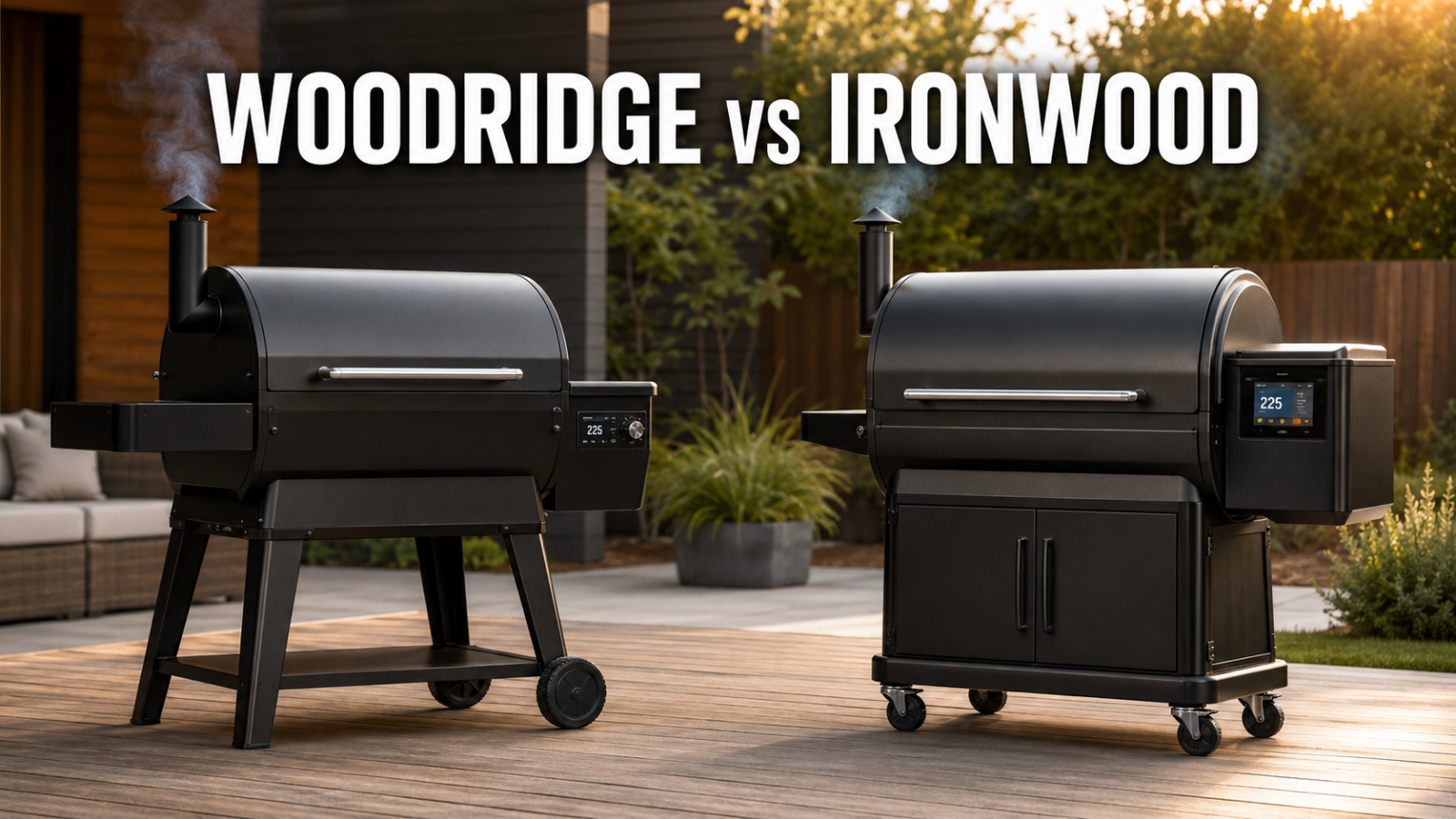 Traeger Woodridge vs Ironwood pellet grills side by side on a backyard patio.