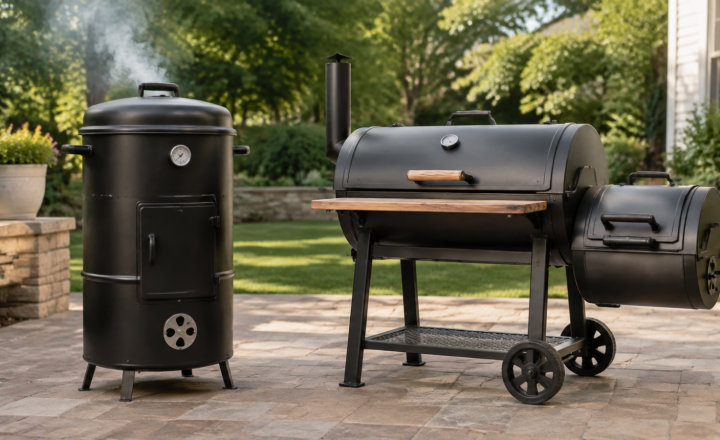 Vertical barrel smoker and Char-Griller Smokin’ Pro offset charcoal grill on a backyard patio.