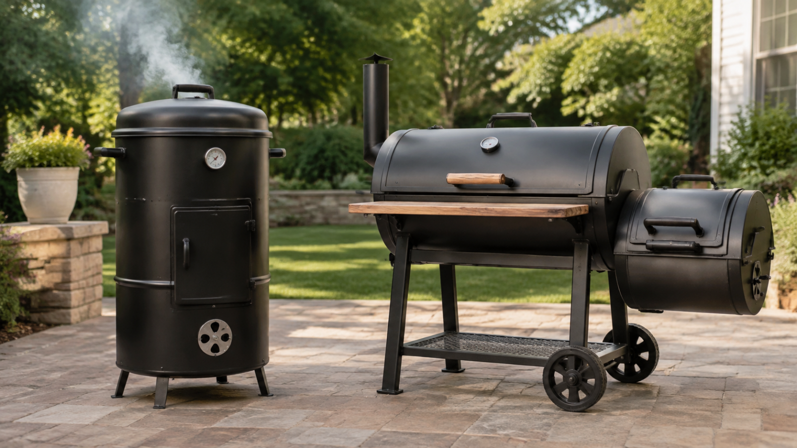 Vertical barrel smoker and Char-Griller Smokin’ Pro offset charcoal grill on a backyard patio.