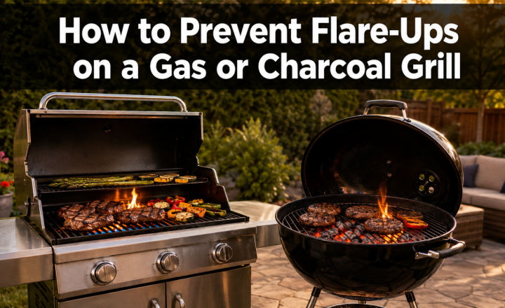 Gas and charcoal grills demonstrating controlled flare-ups while cooking.