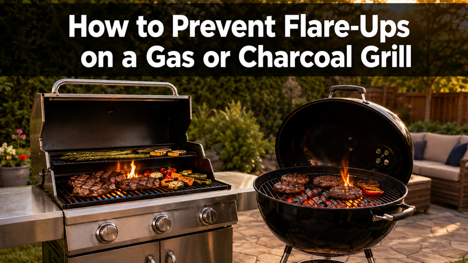 Gas and charcoal grills demonstrating controlled flare-ups while cooking.