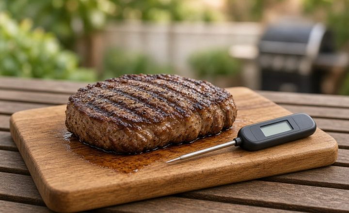 Thick grilled steak resting on a cutting board next to an instant-read thermometer