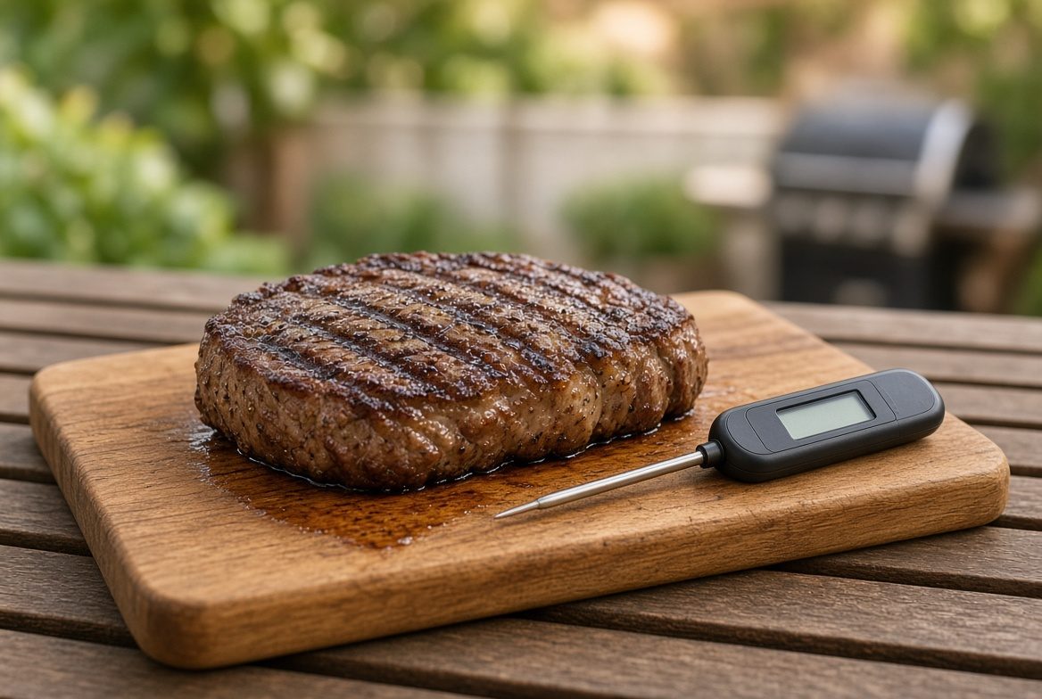 Thick grilled steak resting on a cutting board next to an instant-read thermometer