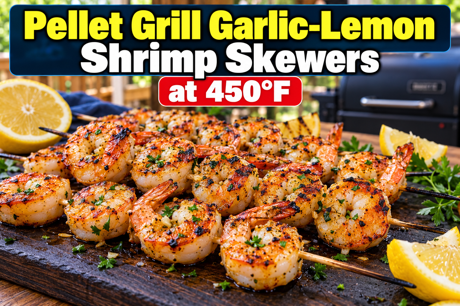 Pellet Grill Garlic-Lemon Shrimp Skewers at 450°F